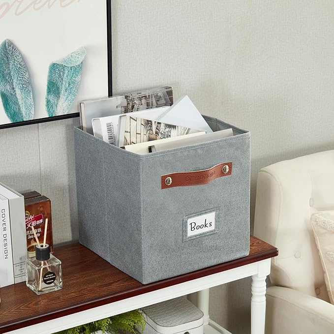 DECOMOMO Storage Bins, Cube Storage Bin with Labels, Fabric Storage Cubes for Shelves (11" / 6pcs, Texture Grey)