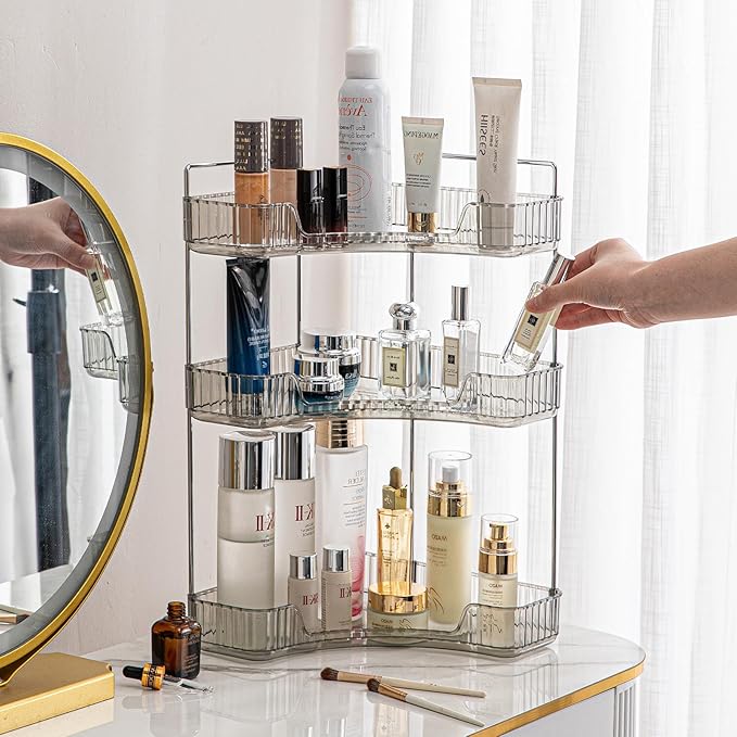 shuang qing 3-Tier Corner Bathroom Counter Organizer – Classic Storage Shelf for Makeup, Perfume & Toiletries, Space-Saving C