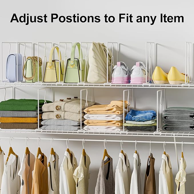 SortNStore Wire Shelf Dividers for Closet: 12-inch Tall 12-inch Deep 6 Pack Wire Rack Accessories - Adjustable Purse Organize