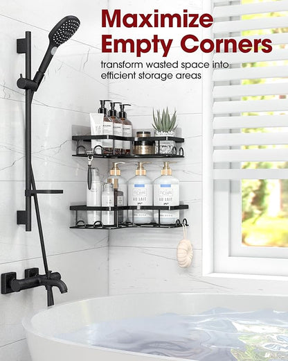 Sakugi Corner Shower Caddy - 2 Pack, Adhesive Shower Organizers, Rustproof Stainless Steel Shower Shelves with 8 Hooks, No Dr