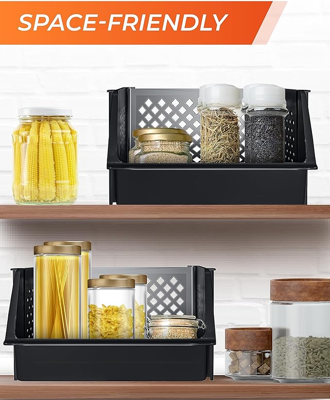 Skywin TidyFriend Large Plastic Stackable Storage Bins for Pantry, 3 Pack Stackable Bins For Organizing Kitchen and Bathroom 