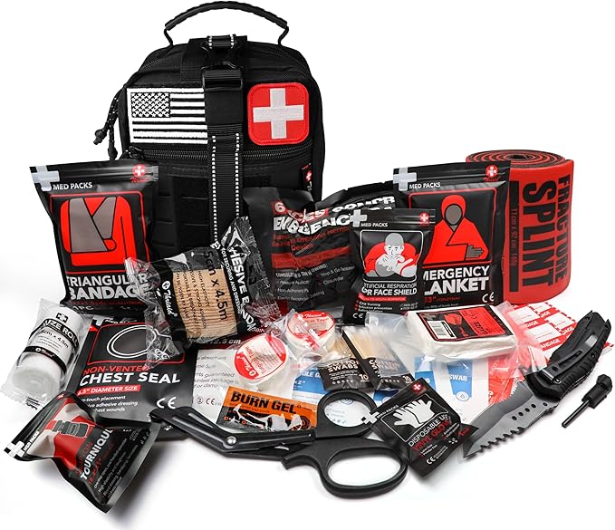Survival First Aid Kit with Israeli Bandage, Chest Seal, Tourniquet, Splint, Tactical Military Combat Molle IFAK for Wound Ca