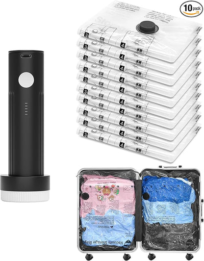 Vacuum Bags for Travel with Rechargeable Pump, 10 Large Compression Packing Seal Bags for Luggage Suitcase, Space Saver for C