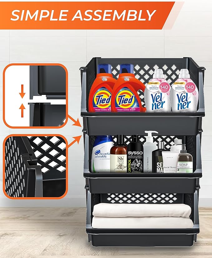 Skywin TidyFriend Large Plastic Stackable Storage Bins for Pantry, 3 Pack Stackable Bins For Organizing Kitchen and Bathroom 