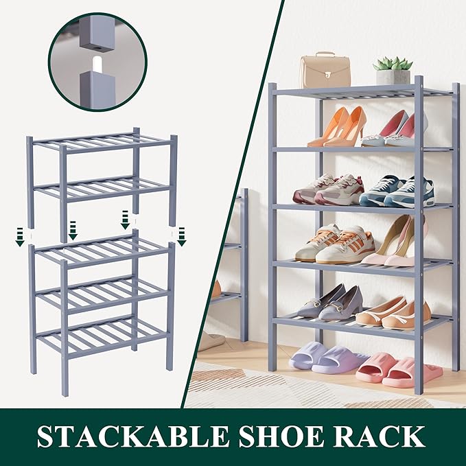 Smiry Bamboo Shoe Rack for Closet, 2 Tier Long Wooden Stackable Shoe Organizer, Free Standing Shoes Storage Shelf for Entrywa