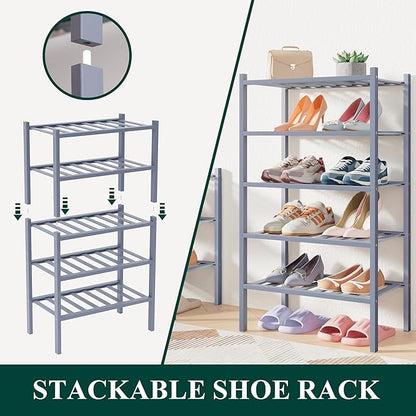 Smiry Bamboo Shoe Rack for Closet, 2 Tier Long Wooden Stackable Shoe Organizer, Free Standing Shoes Storage Shelf for Entrywa
