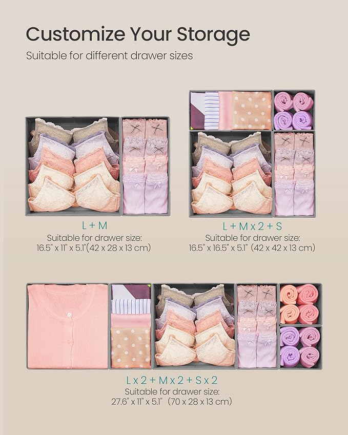 SONGMICS Drawer Organizers, Dresser Divider Organizers, Set of 18, Foldable Fabric Storage Boxes for Socks, Underwear, Bras, 