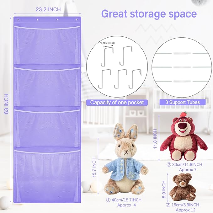 Woodoulogy Hanging Stuffed Animal Storage, Over Door Large Plush Toy Organizer with Metal Hook, Baby Accessory Holder Idea fo