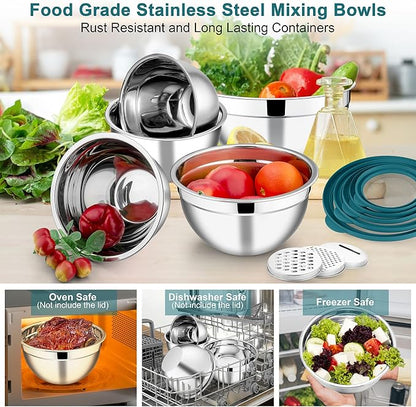 E-far Mixing Bowls Set of 5, Stainless Steel Salad Mixing Bowl with Transparent Lid, Metal Nesting Bowl Attach with 3 Graters for Kitchen Prepping/Serving/Baking/Storage, 4.6/2.6/1.5/1/0.7 QT - Blue