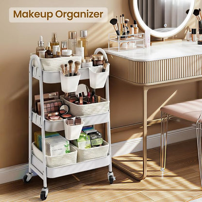 3-Tier Rolling Utility Cart with 4 Woven Baskets, Diaper Book Snack Cart, Storage Organizer for Nursery, Kitchen, Craft Room,