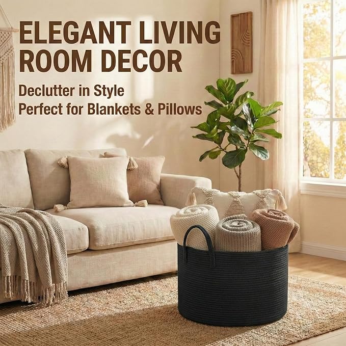 JMvicyroam 115L Extra Large Blanket Basket for Living Room - Woven Cotton Rope Laundry Hamper with Reinforced Handles - Stora