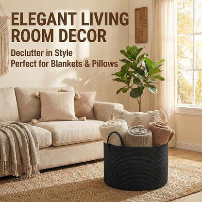 JMvicyroam 115L Extra Large Blanket Basket for Living Room - Woven Cotton Rope Laundry Hamper with Reinforced Handles - Stora