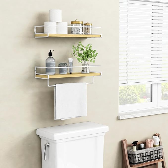 Forbena Floating Shelves for Wall with Rail, White and Natural Wood Nursery Book Shelves for Baby Girls Boys Kids Room Bedroo