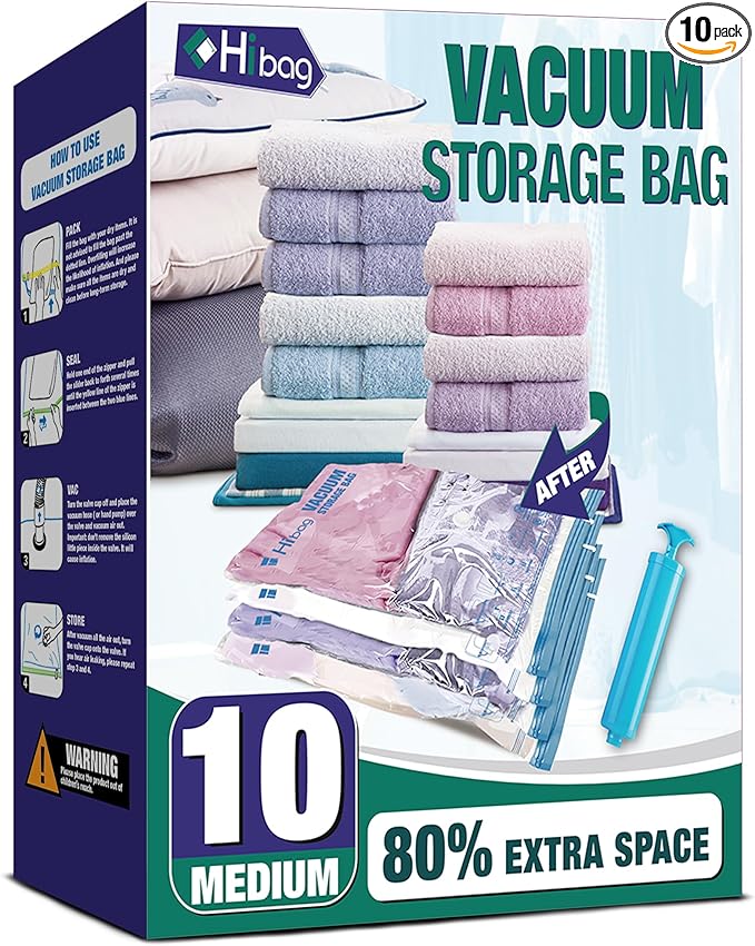 Vacuum Storage Bags, 10 Medium Space Saver Vacuum Seal Bags, Space Bags, Vacuum Sealer Bags for Clothes with Travel Hand Pump