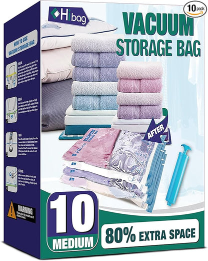 Vacuum Storage Bags, 10 Medium Space Saver Vacuum Seal Bags, Space Bags, Vacuum Sealer Bags for Clothes with Travel Hand Pump