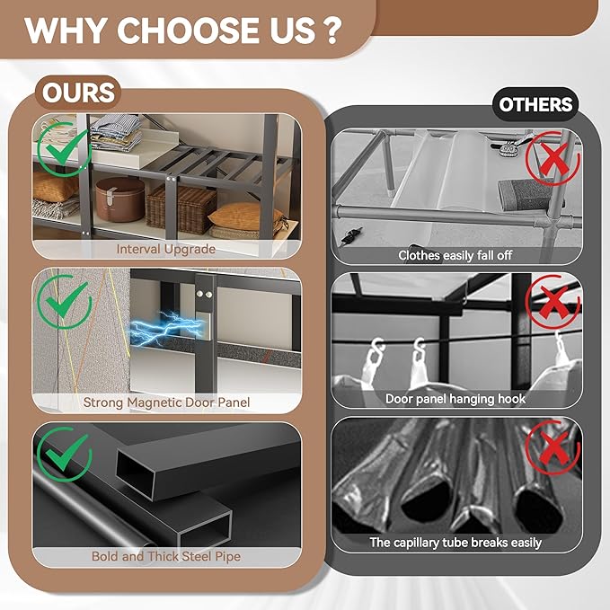 Heavy Duty Clothes Rack with Cover, Portable Wardrobe Closet with Magnetic Door & Black Steel Frame, Foldable Freestanding Ga