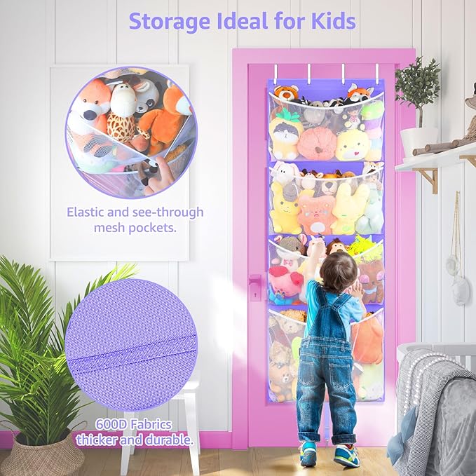 Woodoulogy Hanging Stuffed Animal Storage, Over Door Large Plush Toy Organizer with Metal Hook, Baby Accessory Holder Idea fo