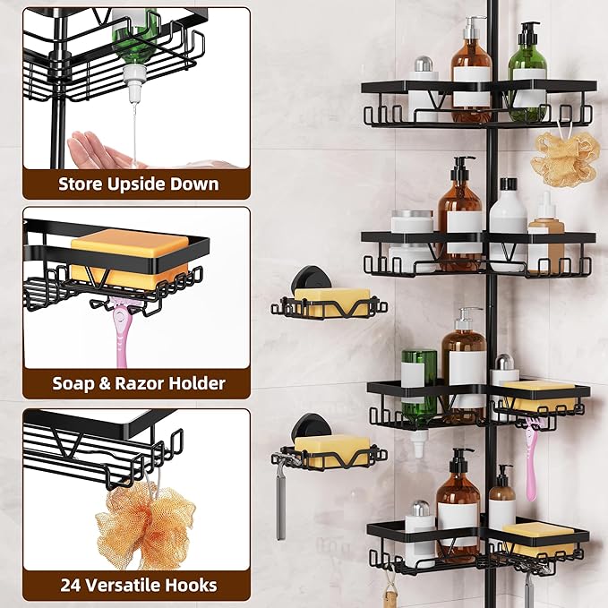 KEGII Shower Caddy Corner Tension Pole with 2 Suction Cup Soap Dishes, Rustproof 4-Tier Adjustable Bathroom Organizer, No-Dri