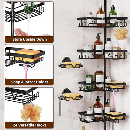 KEGII Shower Caddy Corner Tension Pole with 2 Suction Cup Soap Dishes, Rustproof 4-Tier Adjustable Bathroom Organizer, No-Dri