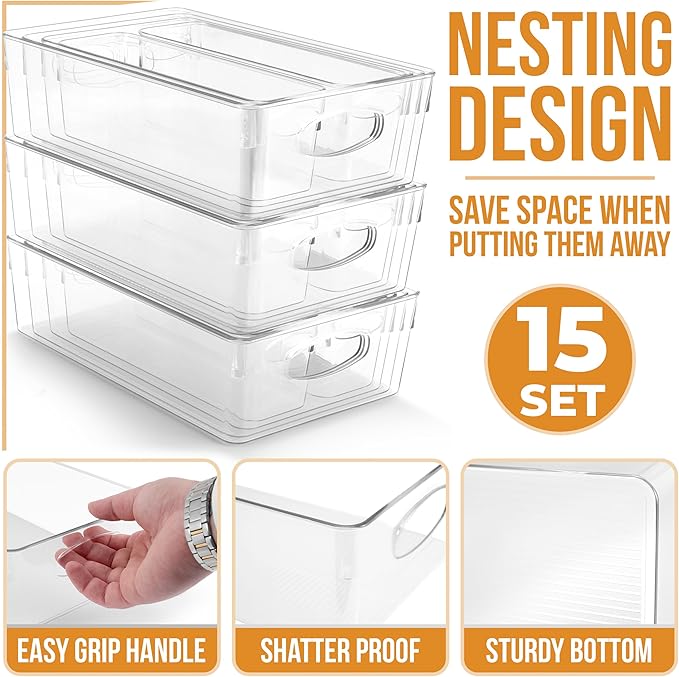 Sorbus Clear Plastic Storage Bins for Organizing, 15 Pack Clear Organizer Bins with Handles, Plastic Storage Bins for Closet,