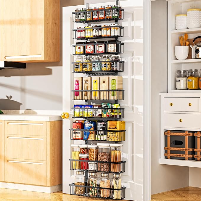 Moforoco 9-Tier Over The Door Pantry Organizer, Pantry Organization and Storage, Black Hanging Basket Wall Spice Rack Seasoni