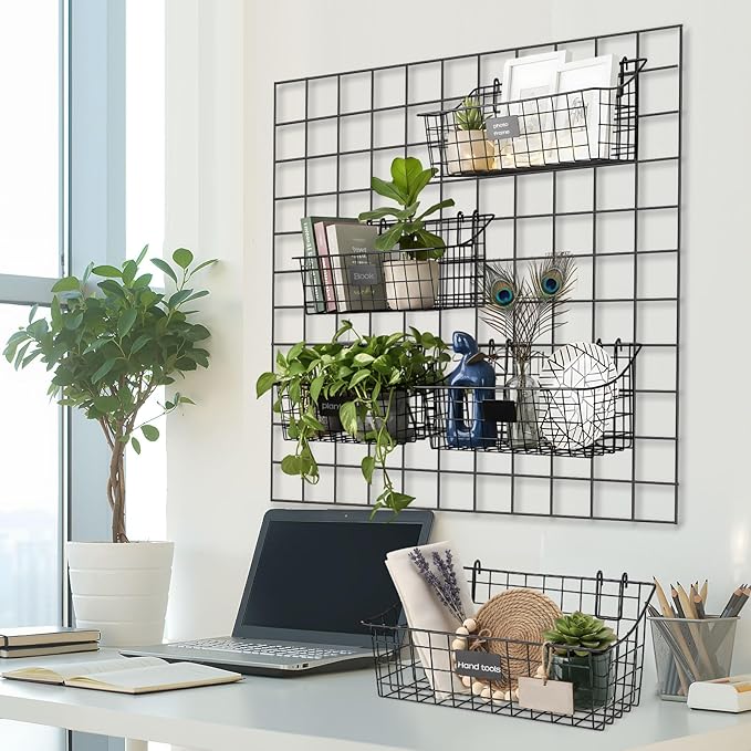 4 Pack Black Grid Wall Baskets, 12 x 6 x 5.1 Inch Metal Wire Wall Basket with Hooks Label Hanging Basket Accessory for Vendor