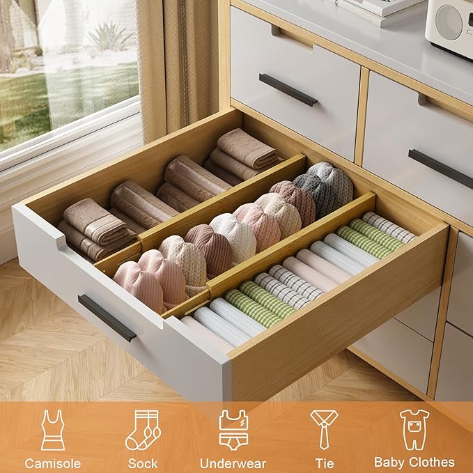 Bamboo Drawer Dividers,17-22" Adjustable Kitchen Drawer Organizer for Clothes,6 Pack Expandable Drawer Organization Separator