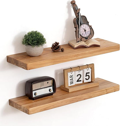 Floating Shelves for Wall, 24"Wx8"D Rustic Solid Elm Wood Floating Shelves Wall Mounted, Round Edge Wall Shelves with Invisib