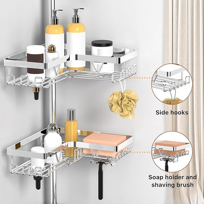 KEGII Corner Shower Caddy Tension Pole - Chrome 4-Tier Adjustable Shower Tension Rod Organizer with Hooks & Soap Holders, 25-