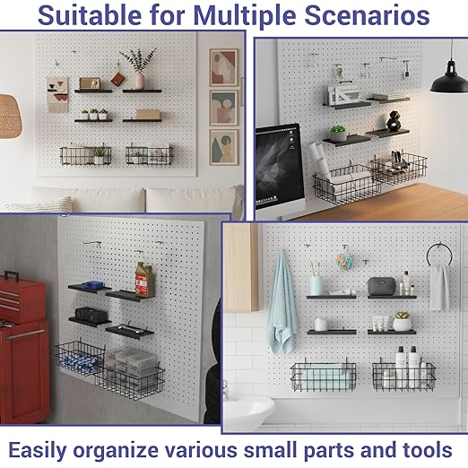 26PCS Peg Board Organizer Accessories Kit, Assortment 2PCS Wire Baskets, 4PCS Shelves, 20PCS Hooks for 1/4” and 3/16” Pegboar