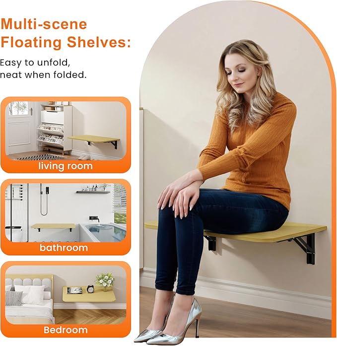 Foldable Floating Wall Shelves 20 inch, Bathroom Shelves Wall Mounted,12" Deep Wood Floating Kitchen shelves,Easy to Install 