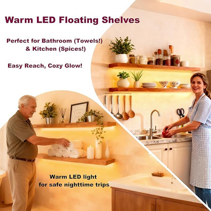 ROGMARS 36 Inches Long Walnut Floating Shelves with Led Light,Rustic Solid Wood Farmhouse Wall Shelves with Invisible Bracket