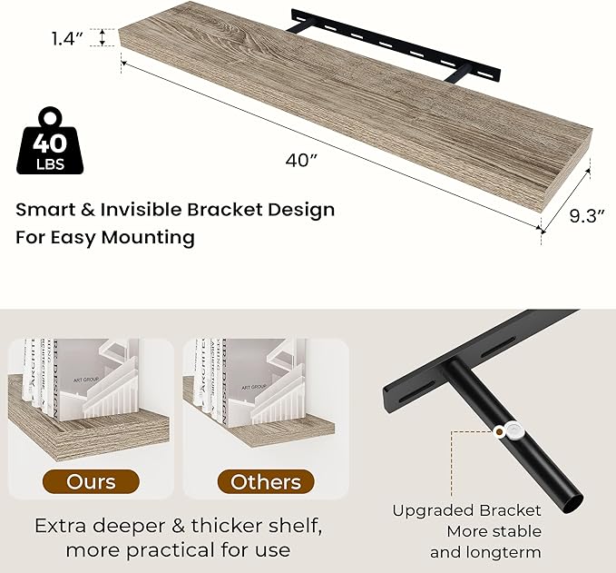 Dreamland 40 Inches Floating Shelves for Wall,9.3 Inch Deep Floating Shelves Set of 2, Large Display & Storage Shelf, Wall Sh