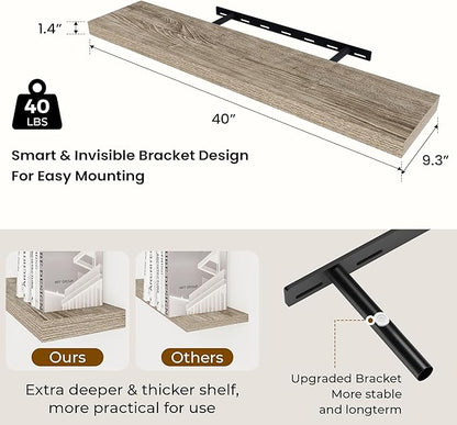 Dreamland 40 Inches Floating Shelves for Wall,9.3 Inch Deep Floating Shelves Set of 2, Large Display & Storage Shelf, Wall Sh