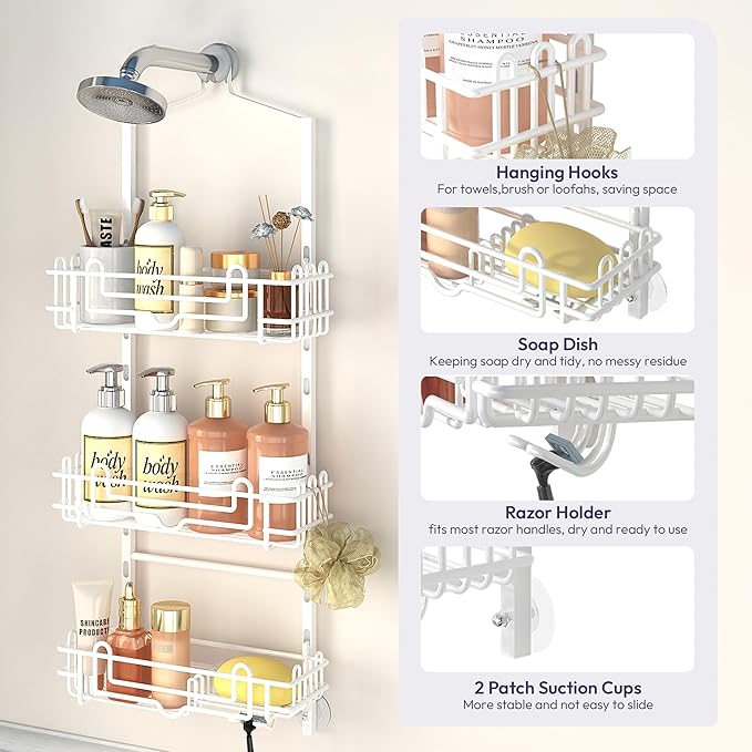 SWTYMIKI Shower Caddy Hanging Organizer - 3-Tier Rustproof Shower Organizer Over Showerhead with Adjustable Baskets, 24 Hooks