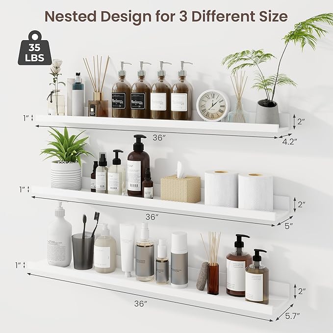 Axeman 36 Inch Floating Shelves | White Picture Ledge Shelf Set of 3 | Rustic Wood Wall Shelves with Lip | 36" White Picture 