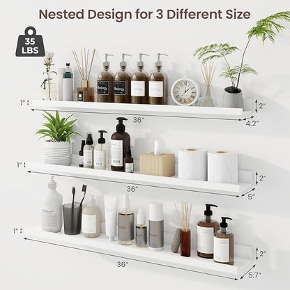 Axeman 36 Inch Floating Shelves | White Picture Ledge Shelf Set of 3 | Rustic Wood Wall Shelves with Lip | 36" White Picture 
