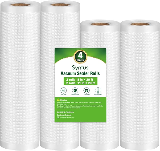 Syntus Vacuum Sealer Bags, 4 Pack 2 Roll 11" x 20' and 2 Roll 8" x 20' Commercial Grade BPA Free Bag Rolls, Food Vac Bags for