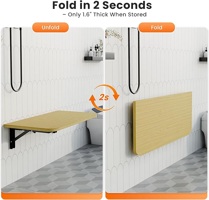 Foldable Floating Wall Shelves 20 inch, Bathroom Shelves Wall Mounted,12" Deep Wood Floating Kitchen shelves,Easy to Install 