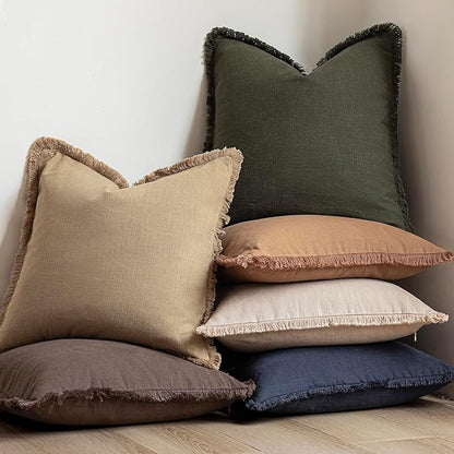 Foindtower Set of 2 Decorative Linen Fringe Throw Pillow Covers Farmhouse Cushion Cover with Tassels Soft Accent Pillowcase f