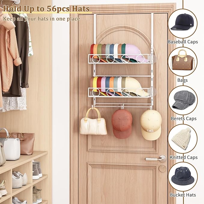 Over Door Hat Organizer 3 Tier Wall Mounted Hat Rack with 2 Adjustable Metal Basket and 3 Hooks Hat Organizer for Baseball ca