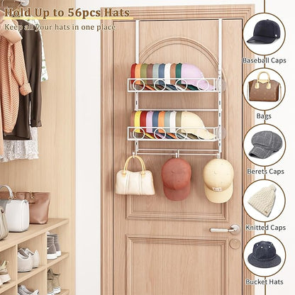 Over Door Hat Organizer 3 Tier Wall Mounted Hat Rack with 2 Adjustable Metal Basket and 3 Hooks Hat Organizer for Baseball ca
