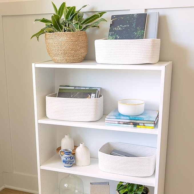 NaturalCozy 13.5”x8.5”x5.5” Storage Baskets for Shelves 3 Pack | Cotton Rope Woven Small Baskets for Organizing | Small Stora