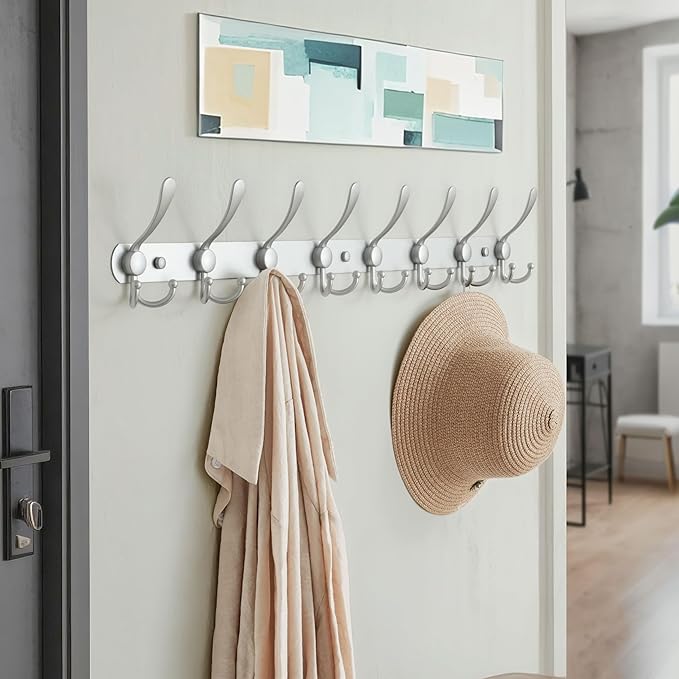 Dseap Coat Rack Wall Mount - 29.5” Long 8-Tri-Hooks Heavy Duty Coat Hanger Rail Wall Hooks for Hanging Coats Hats Clothing Cl