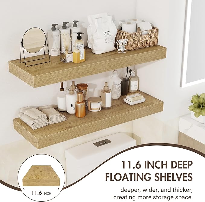 30 Inch Floating Shelves, 12" Deep Floating Shelf Wall Mounted, 30" Wall Shelves, Rustic Deep Bookshelf, Extra Deeper & Thick