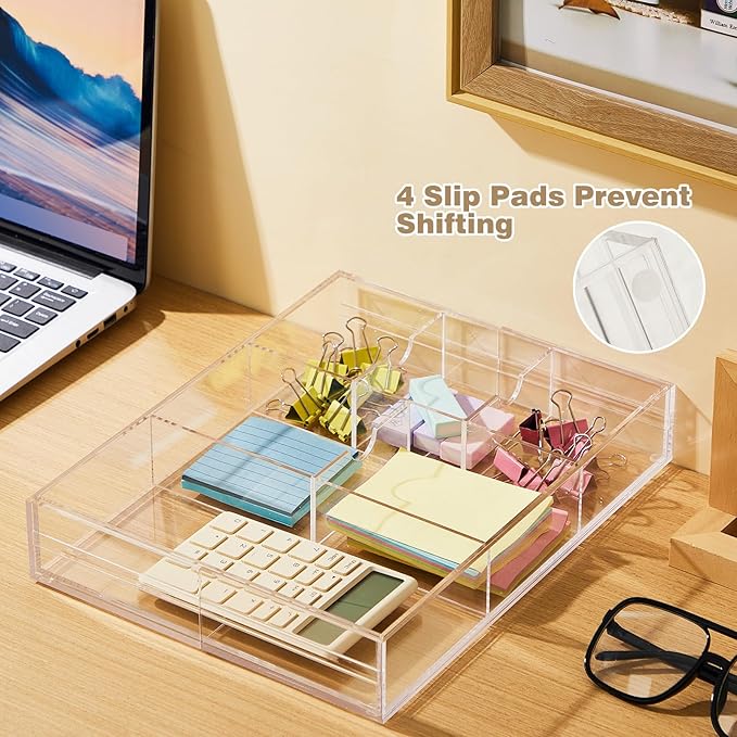 2 Pcs Acrylic Desk Drawer Organizer Maximum 12 x 18 x 2.1 Inch Expandable Drawer Organizer Trays with 8 Adjustable Compartmen