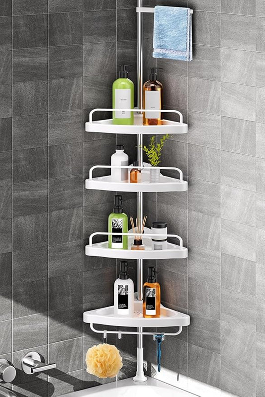 HAMITOR Corner Shower Caddy Tension Pole: Adjustable Stainless Steel Shower Organizer with 4 Tier Shelf for Bathroom Bathtub 