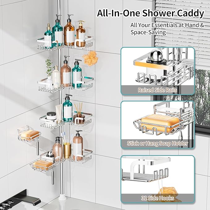 KEGII Shower Caddy Tension Pole – Corner Rustproof Bathroom Organizer with Soap Holder & Hooks, No-Drill Adjustable Shower Sh