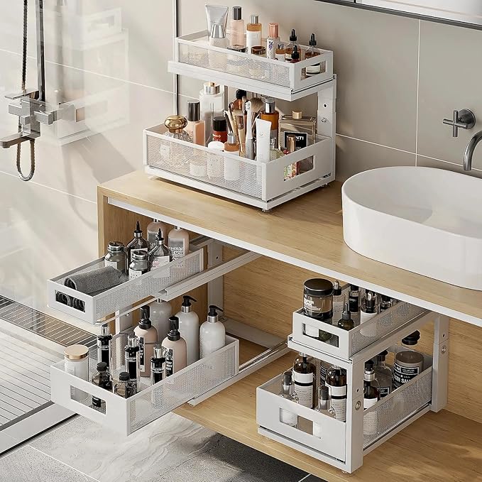 2 Pack Under Sink Organizer With Next-Gen Ball-Bearing Slides,2-Tier Pull Out Cabinet Storage,Height Adjustable Drawer Shelf 