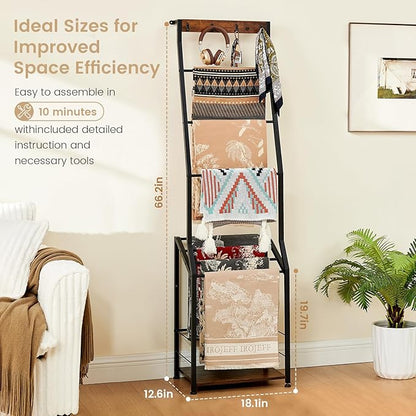 Pinzoveco Blanket Ladder, 7 Tier Wooden Ladder Shelf with Hooks, 5.5ft Blanket Holder Rack Farmhouse Ladder Rack for Storage 